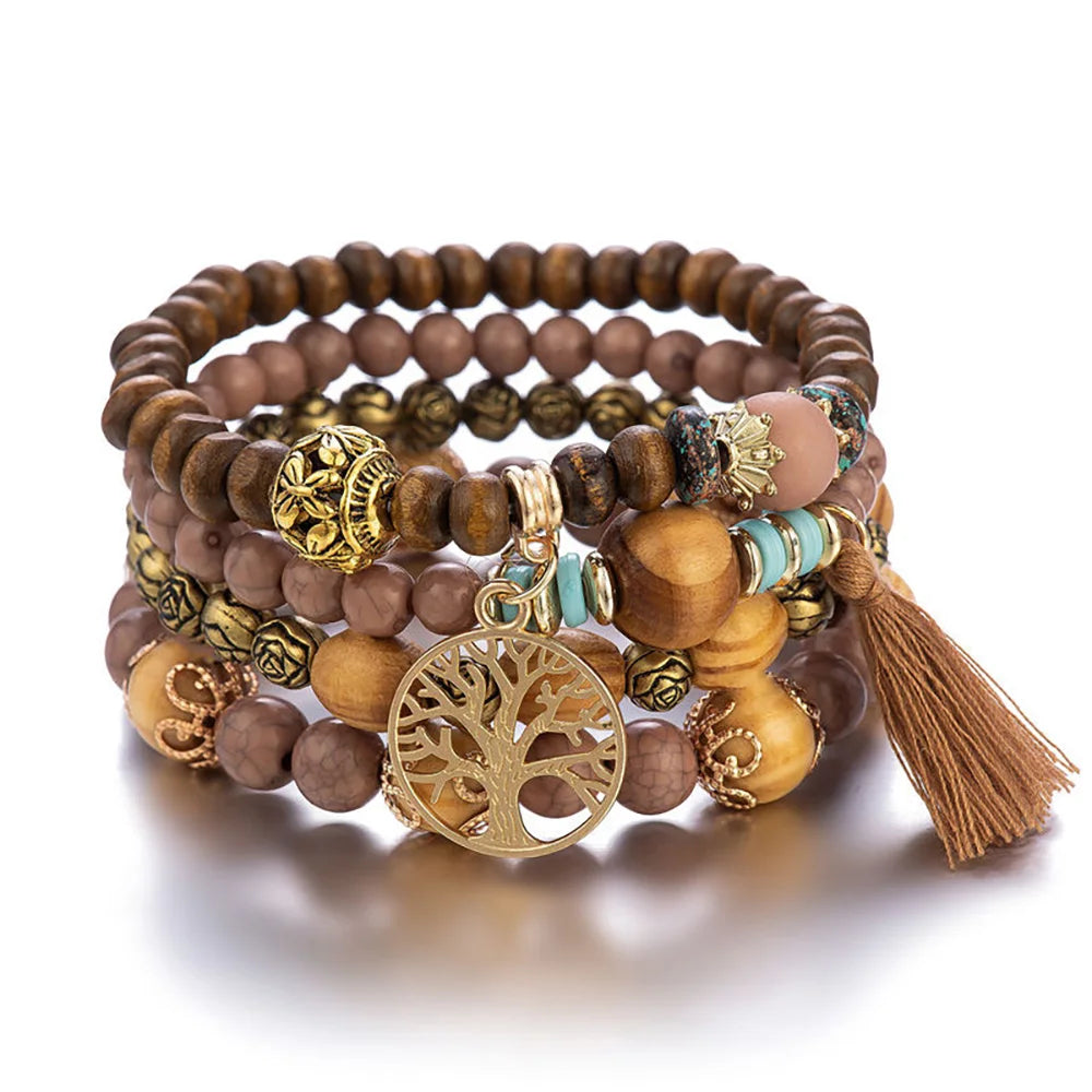 Boho Wooden Beaded Bracelet Set for Women – Tree of Life Charm, White Tassels, 4-Piece Elastic Stackable Bangle, Bohemian Jewelry
