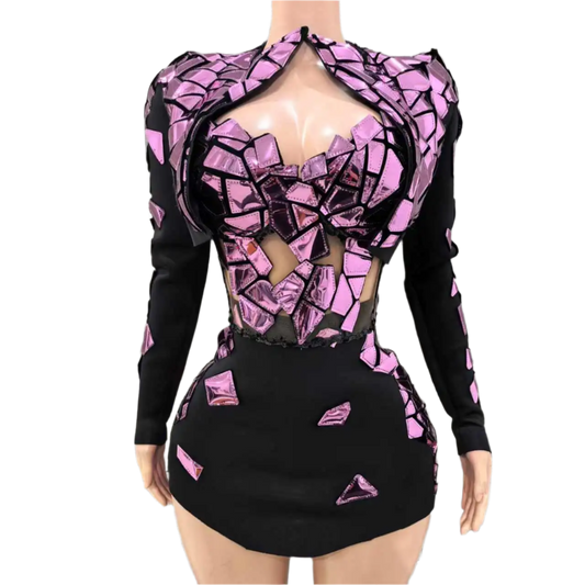 Rosered Color Women Sexy Long Sleeve Fade Mirrors Bodycon Mini Dress 2 Pieces Set Performance Costume Stage Wear Wholesale
