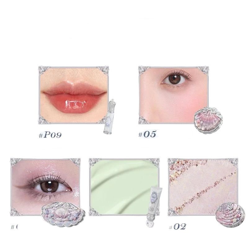 5pcs/set 2025 New Flower Knows Shells Pearl Series Lip gloss Eyeshadow Powder Blush Face Primer Base Makeup Set