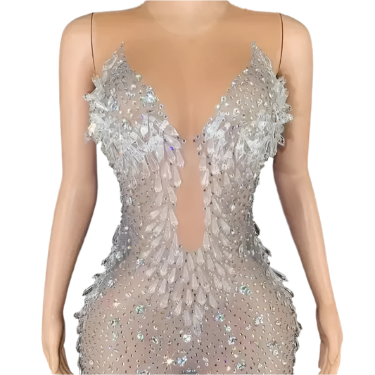 Birthday Party Costume Bar Nightclub Stage Performance Singer Outfit Stock Women Luxury Sexy Mesh Crystal Diamonds Mini Dress