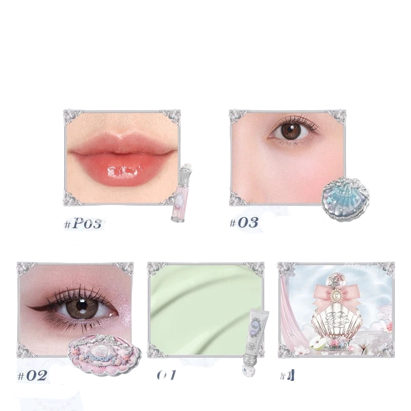 5pcs/set 2025 New Flower Knows Shells Pearl Series Lip gloss Eyeshadow Powder Blush Face Primer Base Makeup Set