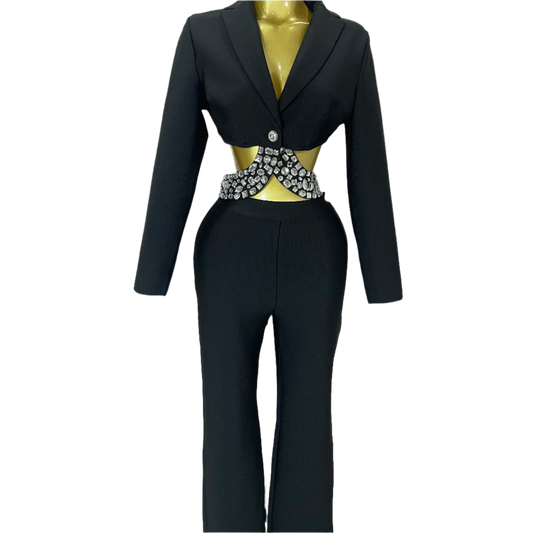 Sexy Cut Out Long Sleeve Beading Bodycon Two Pieces Pants Bandage Set Women Celebrity Designer Fashion Women Luxury Birthday Set
