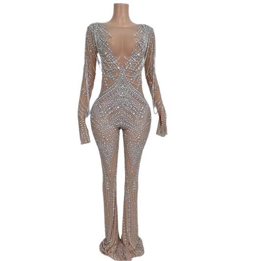 Luxury Sparkly Crystals Sheer Bell-bottoms Jumpsuit Women Sexy Bar Show Costume Evening Wear Birthday Party Outfit chaoAkuotuiku