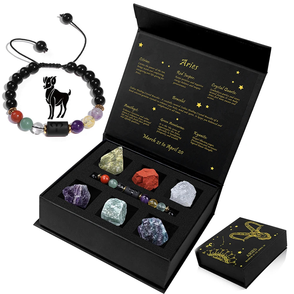 Zodiac Constellation Gift Set – Natural Stone Bracelet & Crystal Box for Astrology Lovers