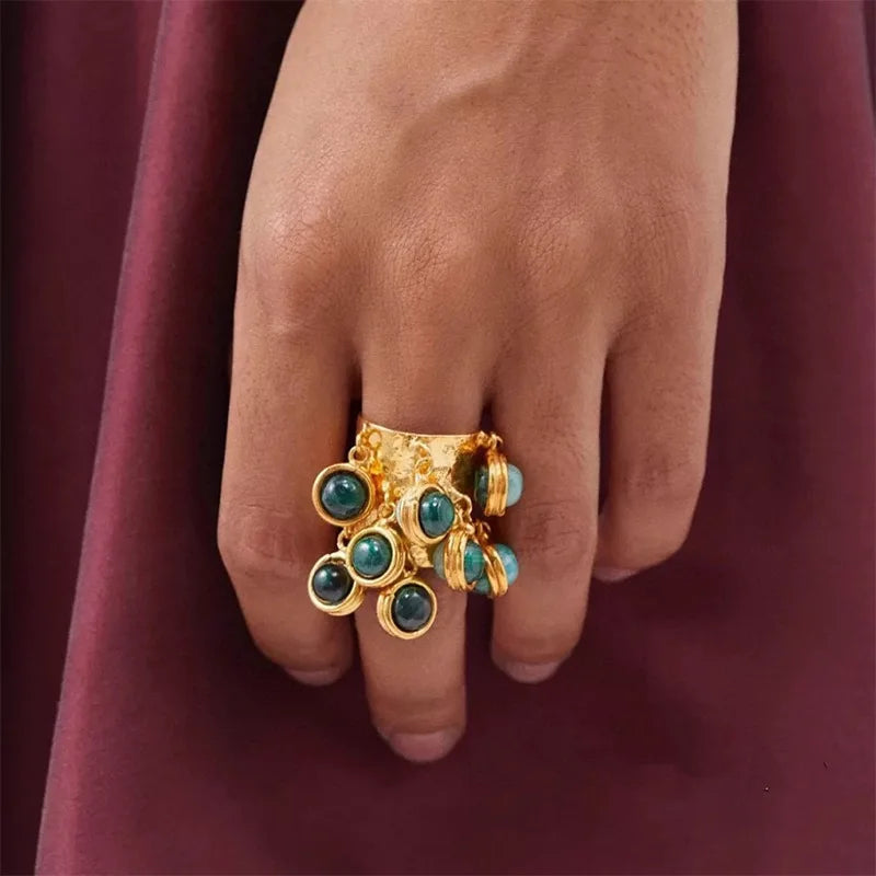 Vintage Multicolor Stone Statement Ring – Open Adjustable Ring for Women, Bohemian Chic Jewelry