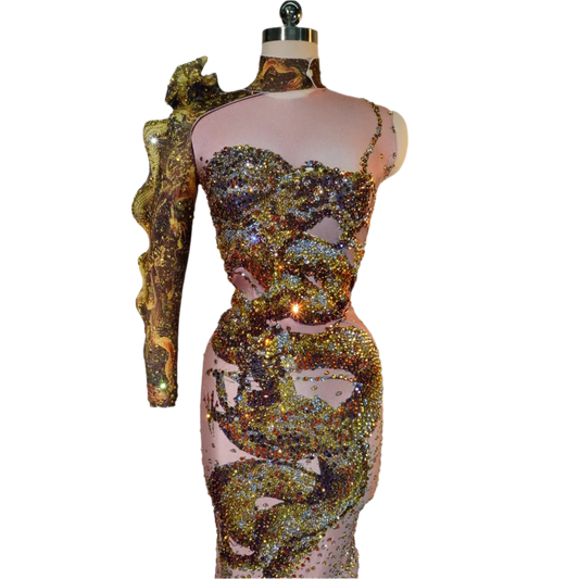 3D print Gold Prom Stage Dance performance Sexy Club Elegant Evening Long Mermaid luxury rhinestones one shoulder Dress