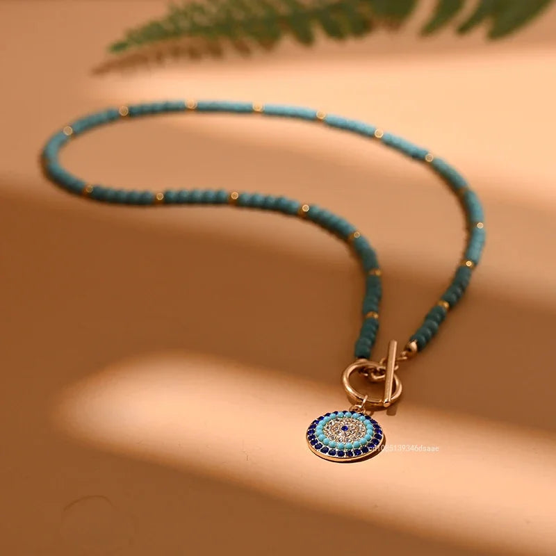 Colorful Stone Choker Necklace for Women – Round Evil Eye Pendant, Boho Style Jewelry, Fashionable Daily & Party Accessory
