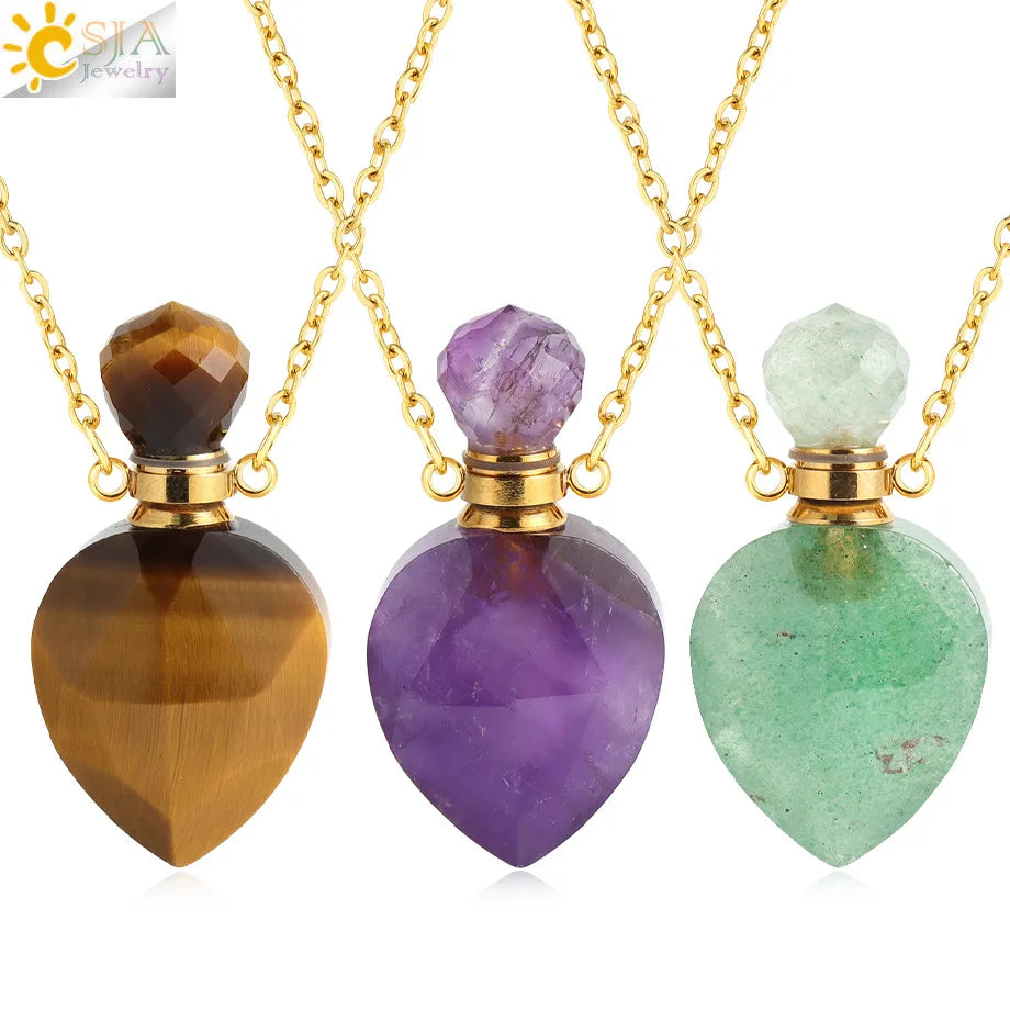 Vintage Heart Crystal Perfume Bottle Necklace – Natural Gemstone Pendant, Stainless Steel Chain, Romantic Gift
