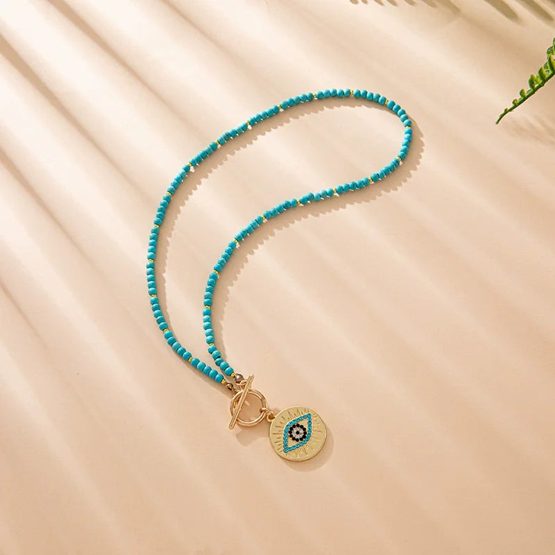 Colorful Stone Choker Necklace for Women – Round Evil Eye Pendant, Boho Style Jewelry, Fashionable Daily & Party Accessory