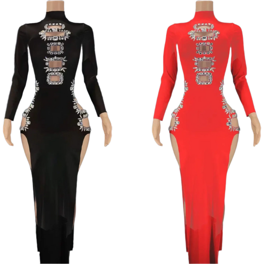 Women Sexy Qipao Dress Long Sleeve Rhinestone Party Birthday Cheongsam Female Nightclub Outfit Singer Show Stage Wear