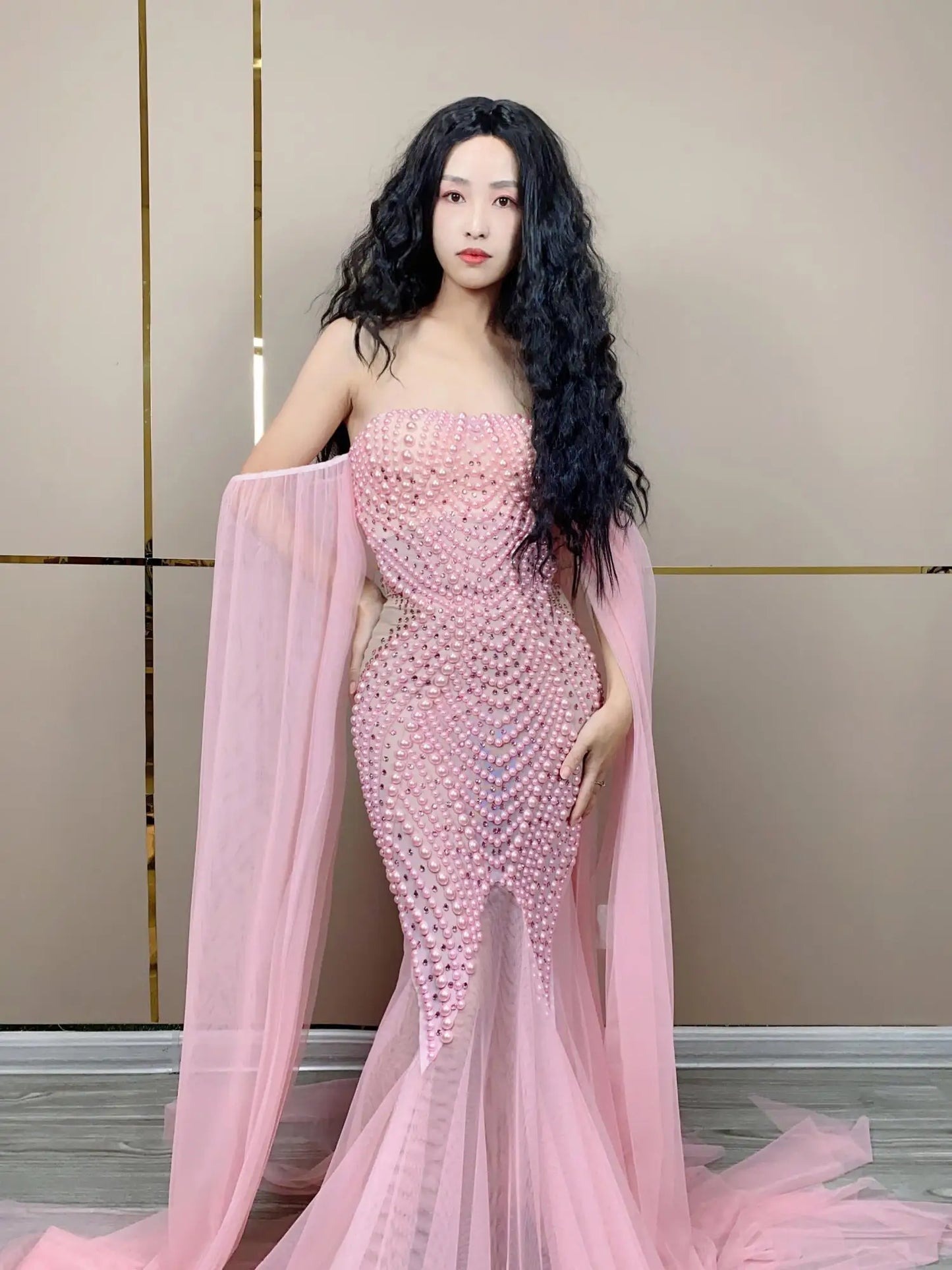 Elegant Wedding Party Dress Mesh Strapless Sexy Women Photograph Wear Pearls Evening Gown Birthday Celebrate Ball Dress Bowu