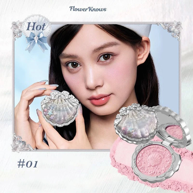 Flower Knows Moonlight Mermaid Series Glitter Eyeshadow Palette High Pigment Shell Jewelry Blush Makeup Brush Set Matte Finish