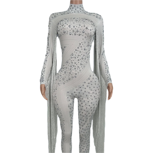 Women Sexy Spandex Tight Fitting Jumpsuit Sparkly Crystals Tassel Jumpsuit Nightclub Celebrate Bar Performance Outfit Guoqing