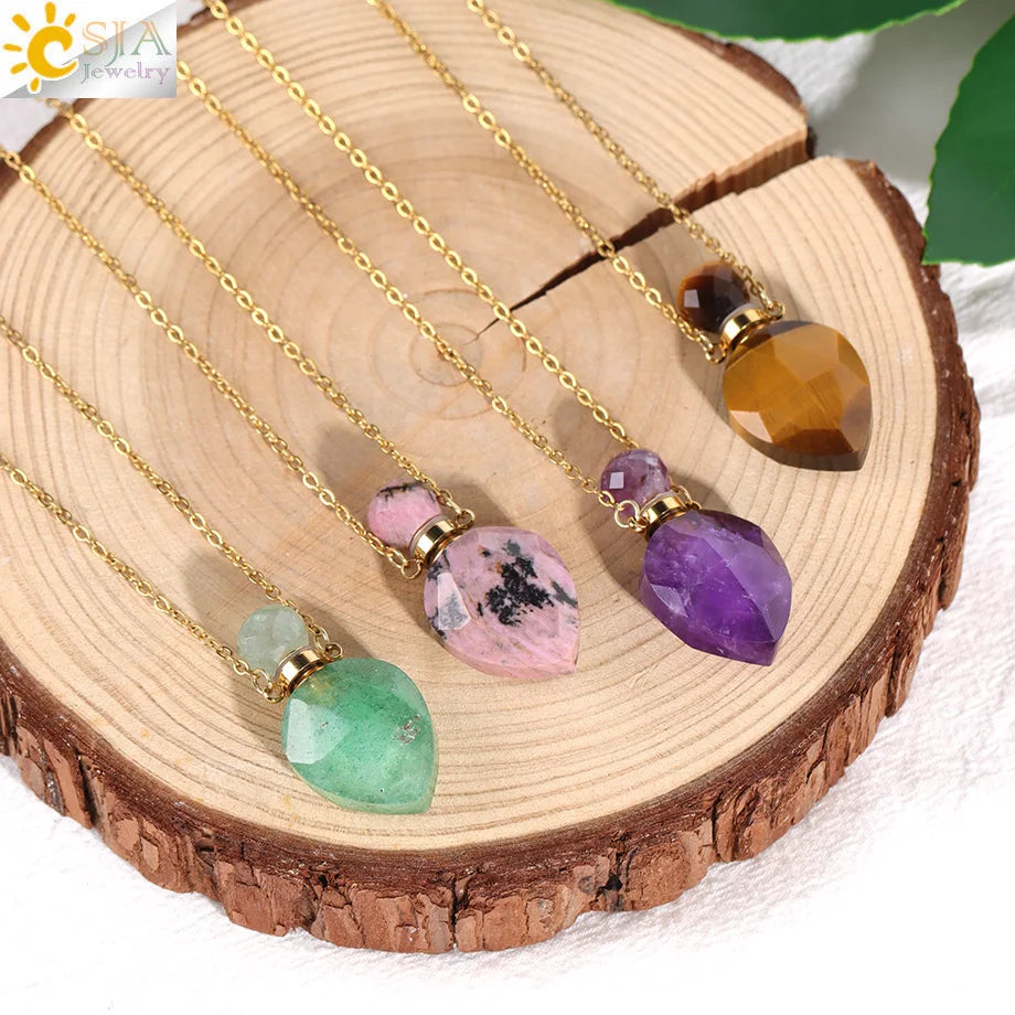 Vintage Heart Crystal Perfume Bottle Necklace – Natural Gemstone Pendant, Stainless Steel Chain, Romantic Gift