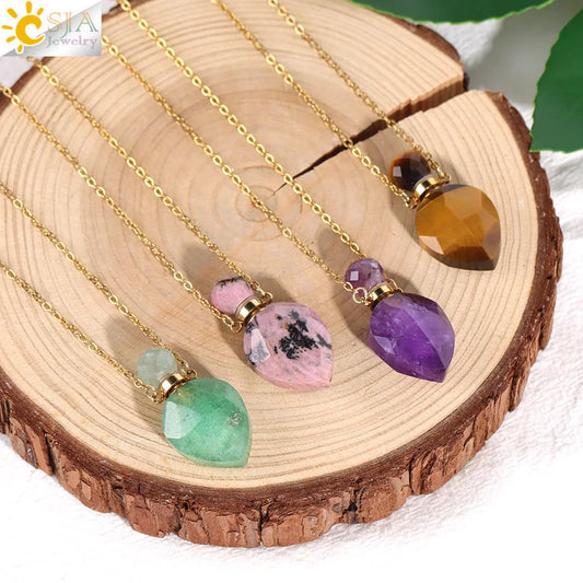 Vintage Heart Crystal Perfume Bottle Necklace – Natural Gemstone Pendant, Stainless Steel Chain, Romantic Gift
