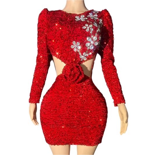 Sparkly Red Sequins Rhinestones Short Dress Women Sexy Stage Hollow Waist Party Evening Celebrate Birthday Dress Festival Gowns