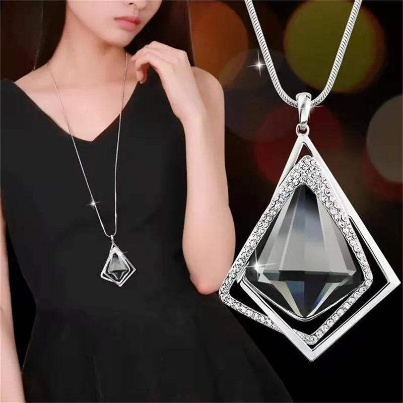 Elegant Gray Crystal Pendant Necklace – Long Statement Choker for Women, Fashion Jewelry Accessory