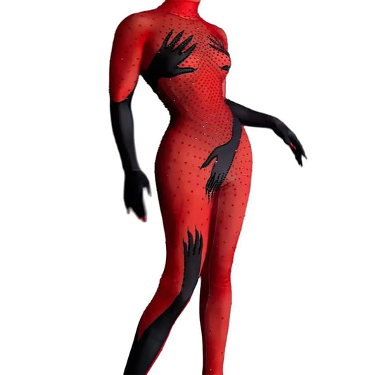 Sexy Stage Luxurious Rhinestones Jumpsuit Gloves Women Evening Party Birthday Outfit Pole Dancer Performance Costume Stage Wear