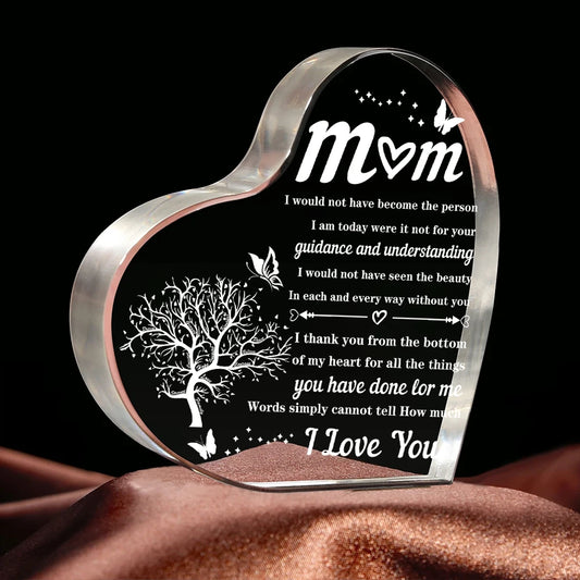 Heart-Shaped Acrylic Plaque Gift for Mom – Transparent Keepsake for Mother's Day, Birthday, and Family Celebration