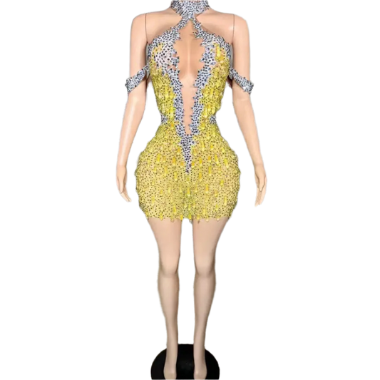 Sexy Sparkly Multicolor Rhinestones Sleeveless Mesh Transparent Short Dress Women Birthday Celebrate Prom Dance Dress Plus Size
