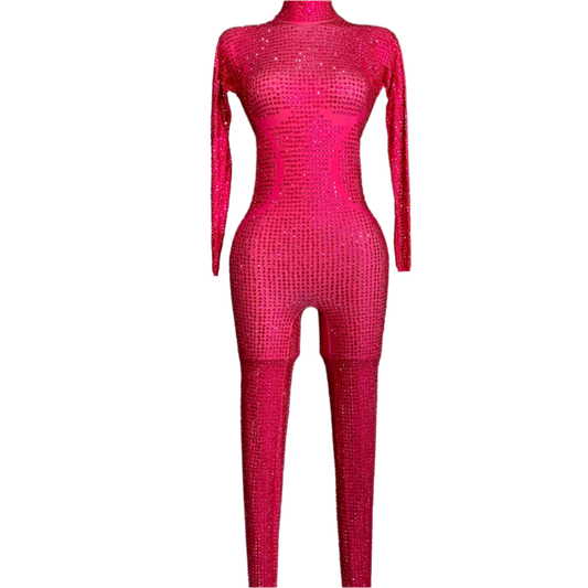 Women Sexy Crystal Diamonds Hot Pink Bodycon Jumpsuit Celebrity Designer Shinning Singer Dancer Night Club Rompers