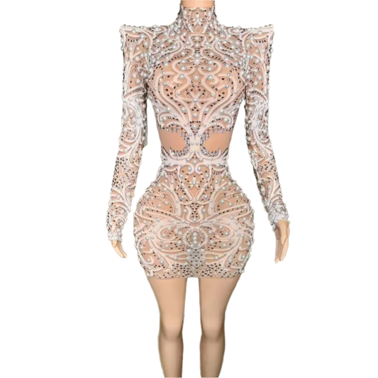 Sparking Diamonds Crystal Sexy Mesh See Through Bodycon Mini Dress Women Birthday Party Celebrate Performance Costume