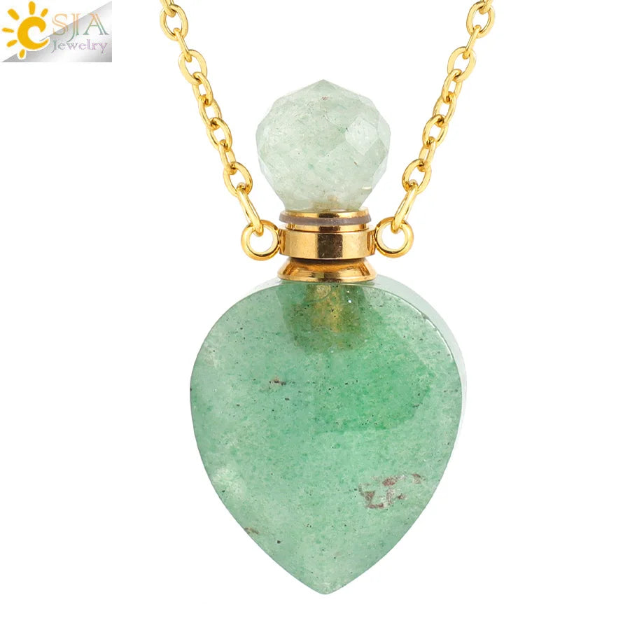 Vintage Heart Crystal Perfume Bottle Necklace – Natural Gemstone Pendant, Stainless Steel Chain, Romantic Gift