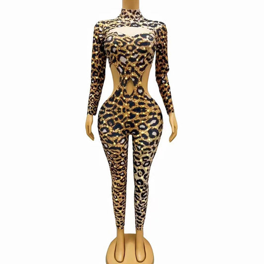 Sexy Stage Leopard Gold Rhinestones Bodysuit Spandex Hollow Waist Jumpsuit Outfit Birthday Party Dance Photoshoot Collections