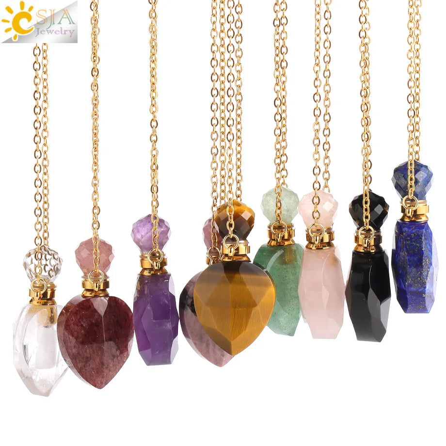 Vintage Heart Crystal Perfume Bottle Necklace – Natural Gemstone Pendant, Stainless Steel Chain, Romantic Gift