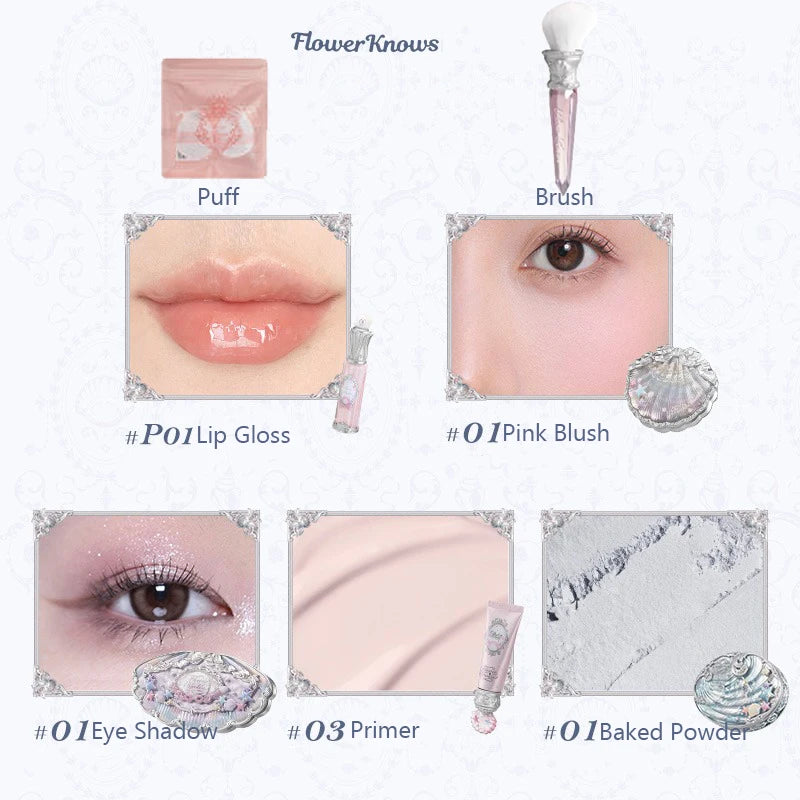 Flower Knows Shell Jewelry Essence Shimmer Lip Gloss Blush For Cheek Red Makeup Pearl Eye Shadow Ocean Mysterious Gift Box