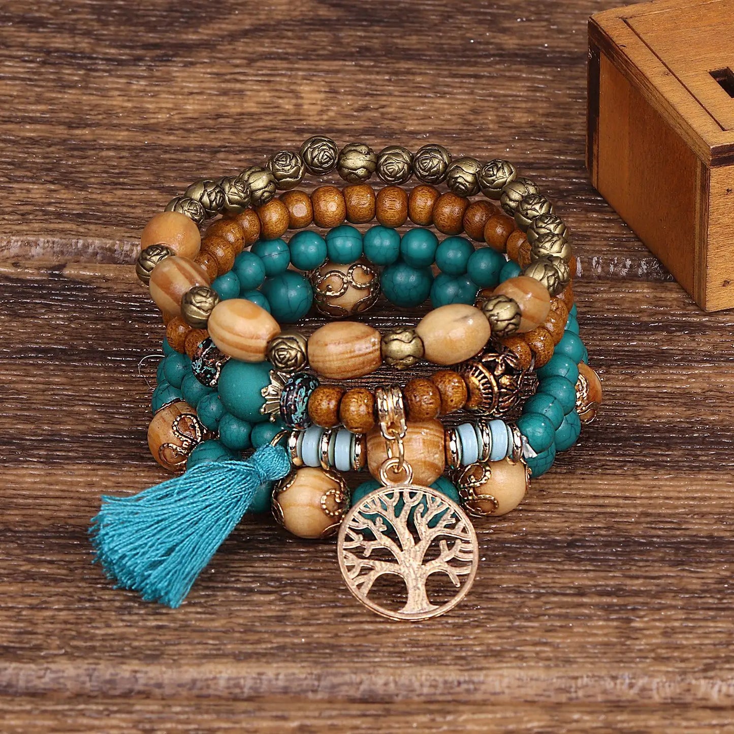 Boho Wooden Beaded Bracelet Set for Women – Tree of Life Charm, White Tassels, 4-Piece Elastic Stackable Bangle, Bohemian Jewelry