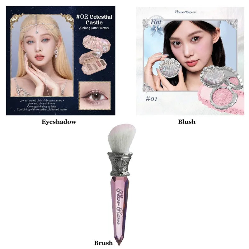 Flower Knows Moonlight Mermaid Series Glitter Eyeshadow Palette High Pigment Shell Jewelry Blush Makeup Brush Set Matte Finish