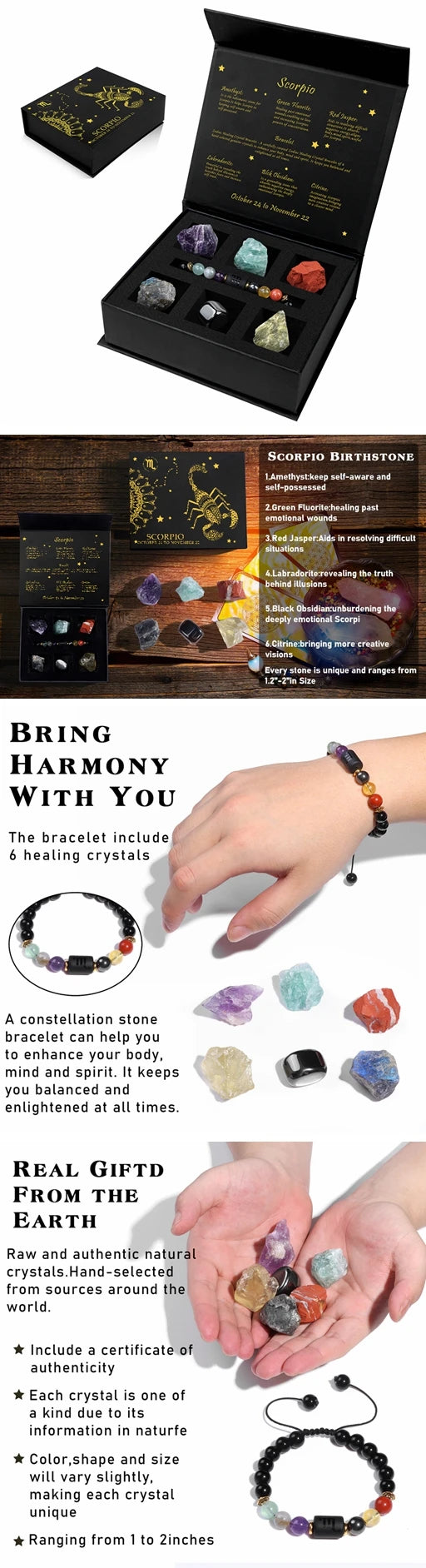 Zodiac Constellation Gift Set – Natural Stone Bracelet & Crystal Box for Astrology Lovers