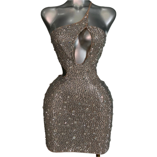 Women Sexy Mesh Silver Crystal Diamonds Rhinestone Mini Cut Out Costume Stage Dancer See Through Stretchy Night Club Party Dress