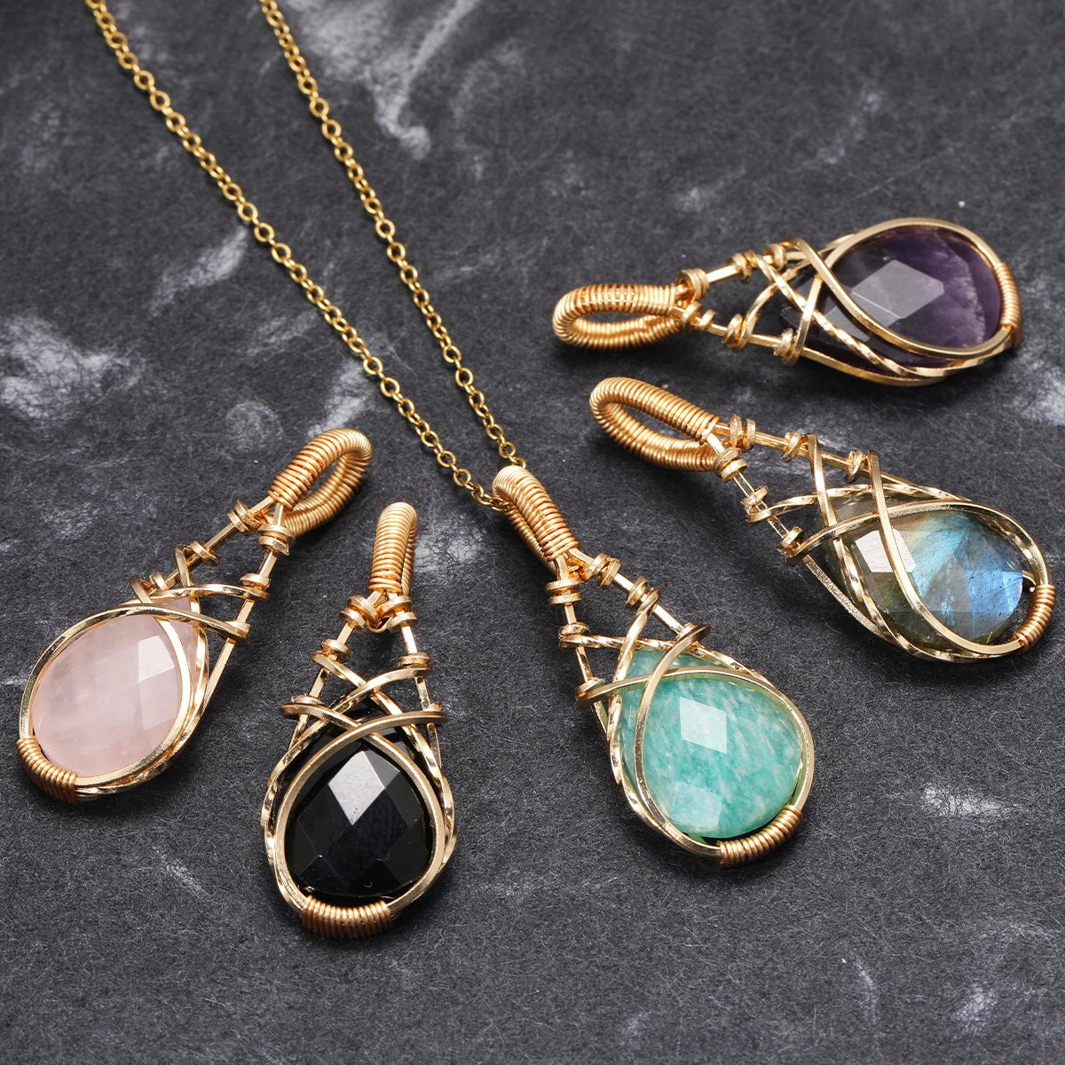 Natural Stone Crystal Teardrop Pendant Necklace – Elegant Women’s Jewelry, Stainless Steel Chain Gift