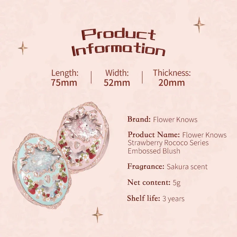 Flower Knows Strawberry Rococo Series Embossed Blush 5g Blush Powder Berry Mary Blusher Palette Makeup Profesional