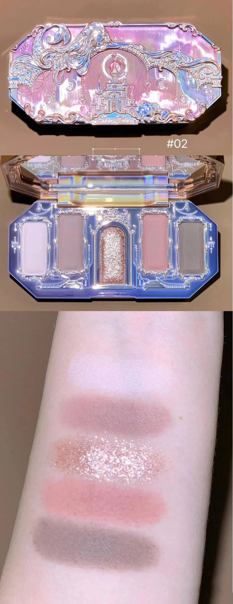 Flower Knows Moonlight Mermaid Series Glitter Eyeshadow Palette High Pigment Shell Jewelry Blush Makeup Brush Set Matte Finish