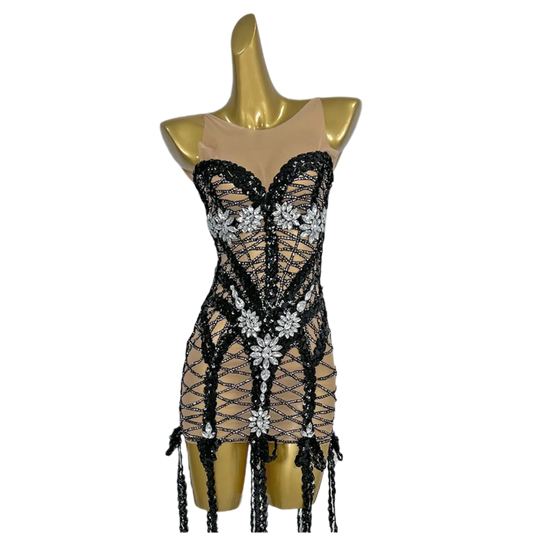 Sexy Transparent Diamonds Black Sequins Bodycon Short Dress for Women Party Celebriate Birthday Dress Show Stage Wear Heiyaoyao