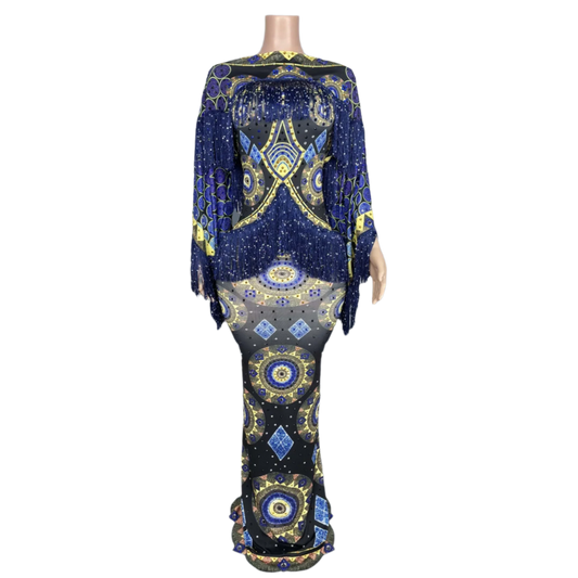 Classical Sexy Printing High-end Evening Dress Tassel Spandex Tight Fitting Long Dress Birthday Celebrate Party Outfit Chengbao