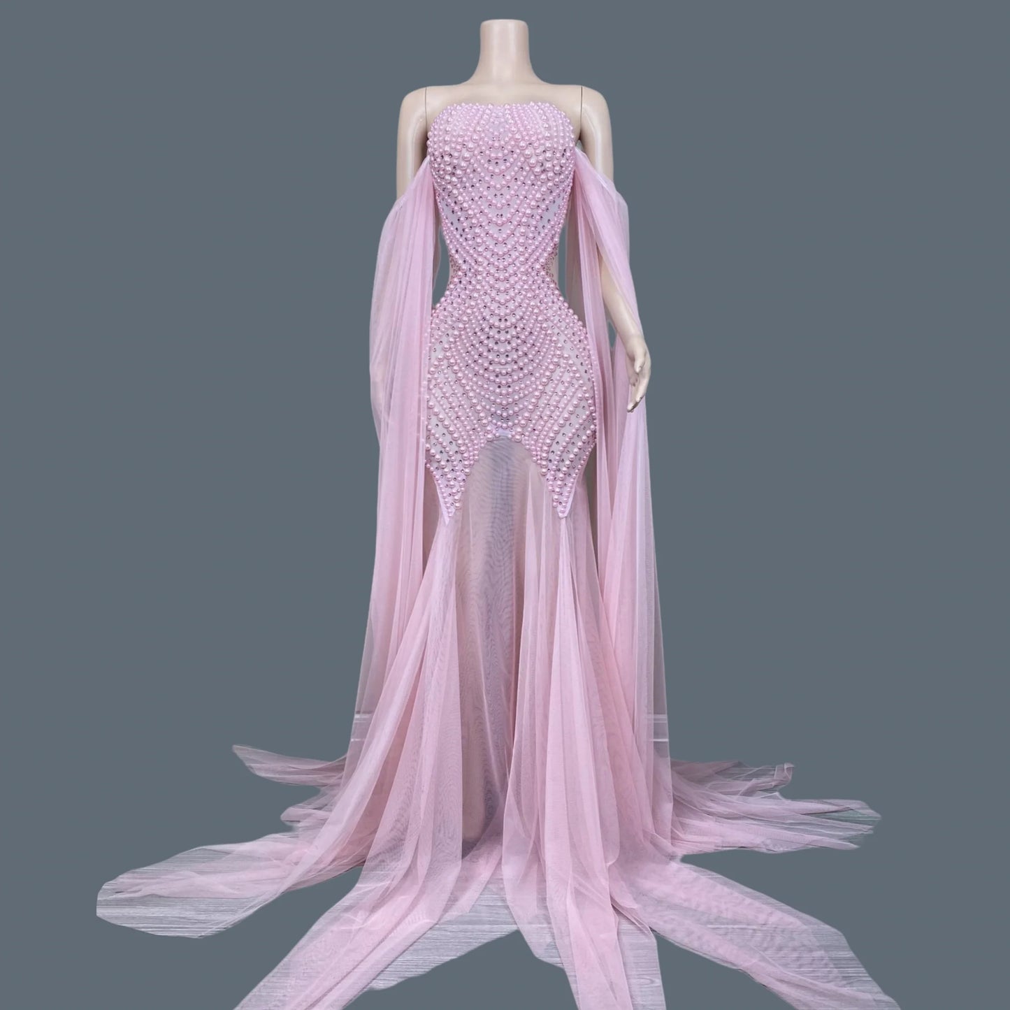 Elegant Wedding Party Dress Mesh Strapless Sexy Women Photograph Wear Pearls Evening Gown Birthday Celebrate Ball Dress Bowu
