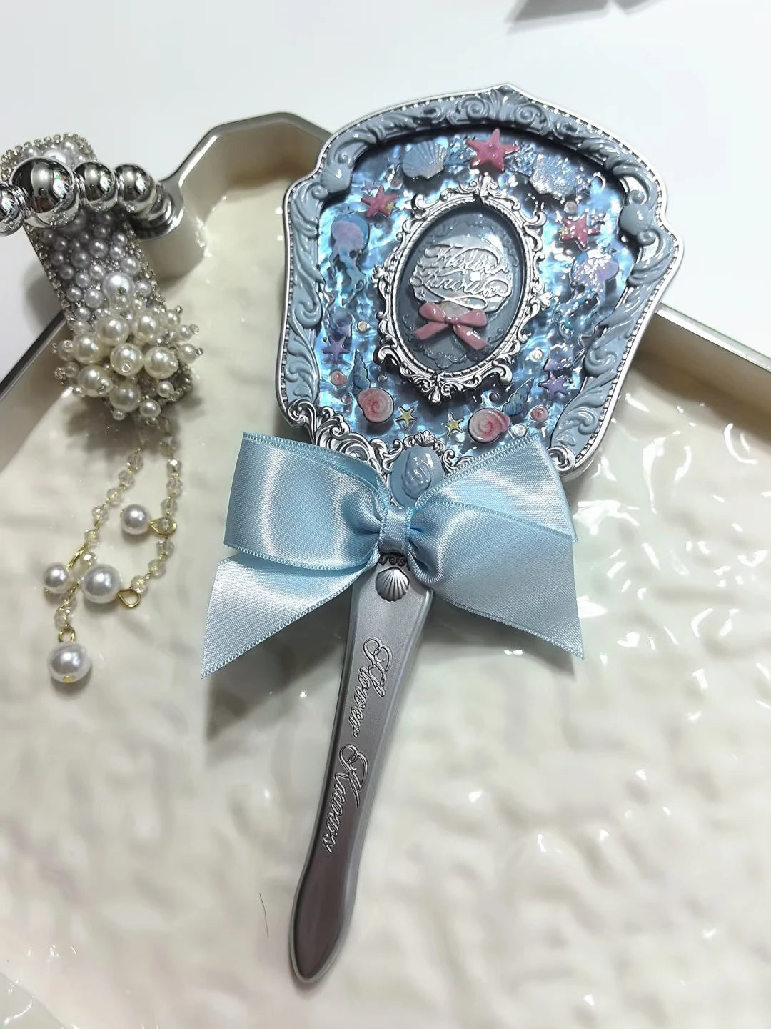 Flowerknows Makeup Hand  Shell Pearl Collection Makeup Mirrors High Beauty Portable Hand Mirror