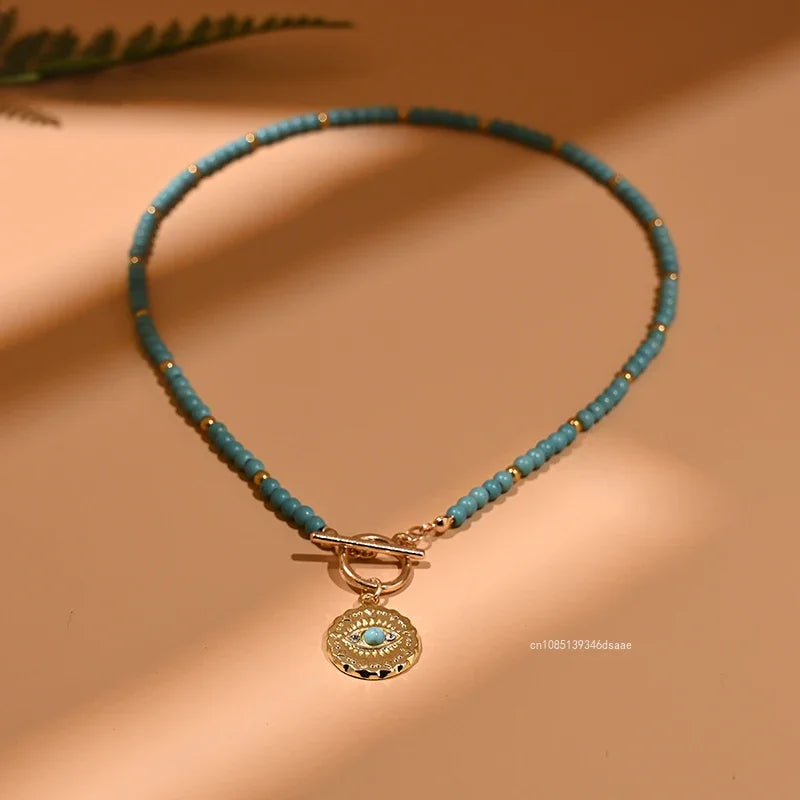 Colorful Stone Choker Necklace for Women – Round Evil Eye Pendant, Boho Style Jewelry, Fashionable Daily & Party Accessory