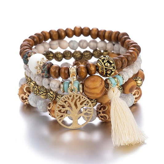 Boho Wooden Beaded Bracelet Set for Women – Tree of Life Charm, White Tassels, 4-Piece Elastic Stackable Bangle, Bohemian Jewelry