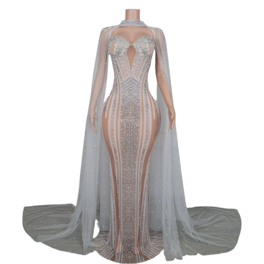 Elegant White Pearls Crystals Cloak Evening Dress Sexy See Through Mesh Birthday Celebrate Prom Dresses Photo Shoot Wear Pixing