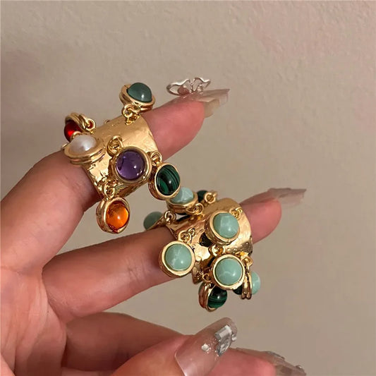 Vintage Multicolor Stone Statement Ring – Open Adjustable Ring for Women, Bohemian Chic Jewelry