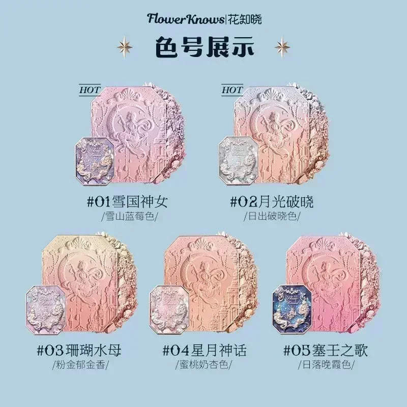 Flower Knows Moonlight Mermaid Gradient Blush Palette Long Lasting Matte Natural Brightening Multi-Color Combo Blush Makeup