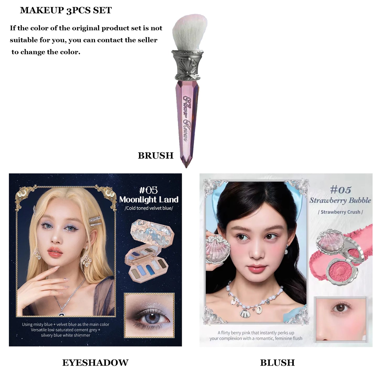 Flower Knows Moonlight Mermaid Series Glitter Eyeshadow Palette High Pigment Shell Jewelry Blush Makeup Brush Set Matte Finish