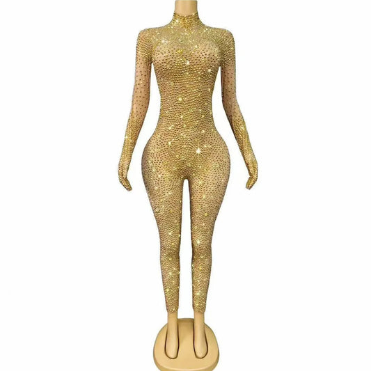 Luxury Gold Sparkly Full Rhinestones Handmade Bodysuit Birthday Party Show Fashion Outit Singer Dancer Performance Stage Wear