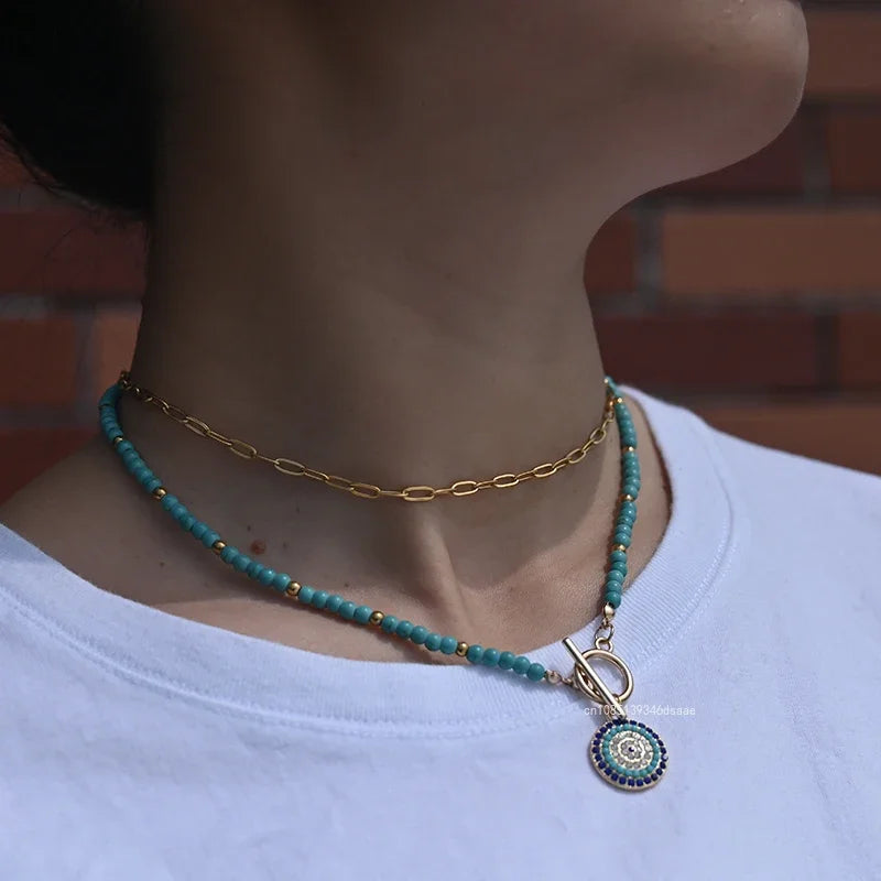 Colorful Stone Choker Necklace for Women – Round Evil Eye Pendant, Boho Style Jewelry, Fashionable Daily & Party Accessory