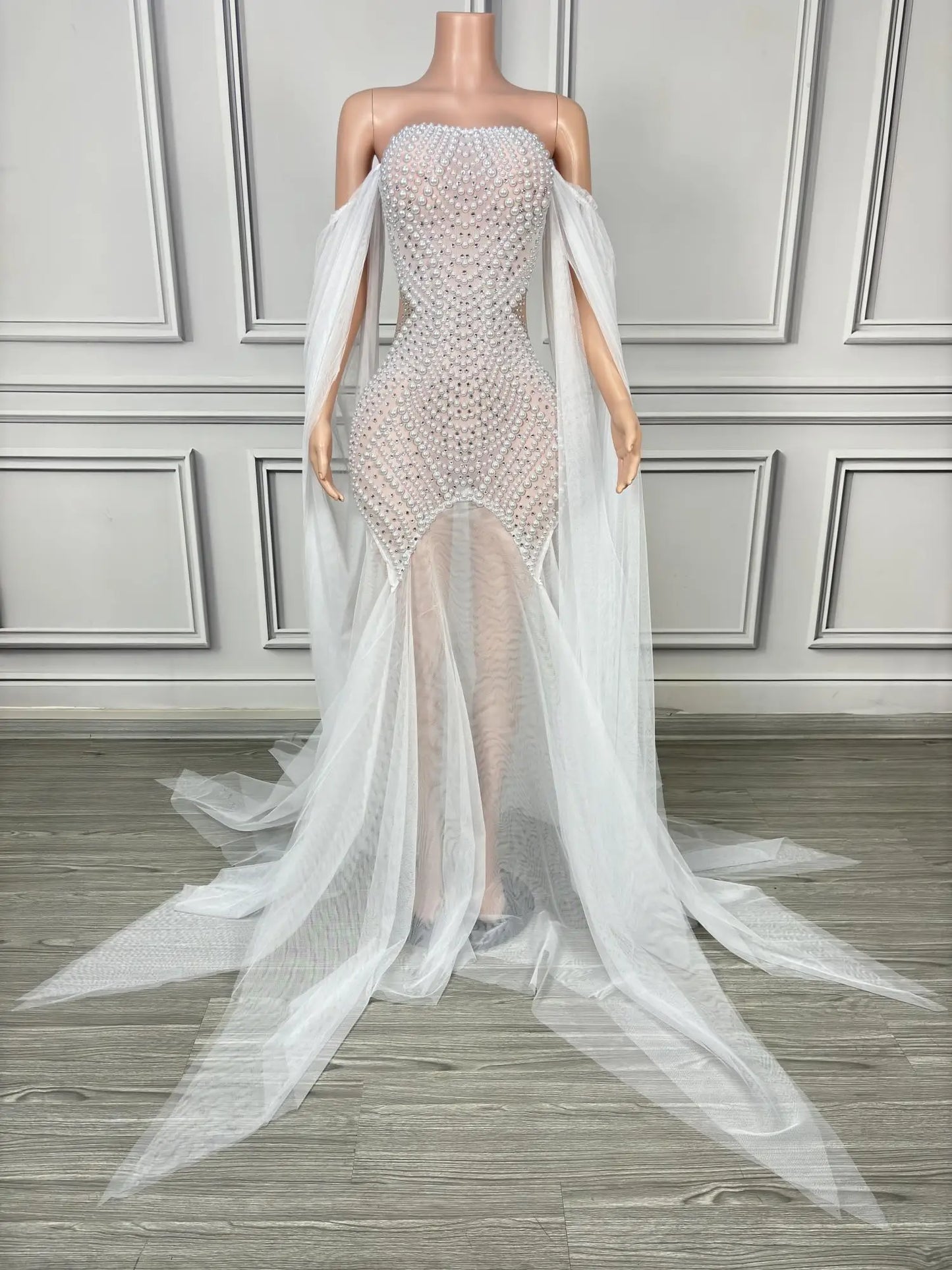 Elegant Wedding Party Dress Mesh Strapless Sexy Women Photograph Wear Pearls Evening Gown Birthday Celebrate Ball Dress Bowu